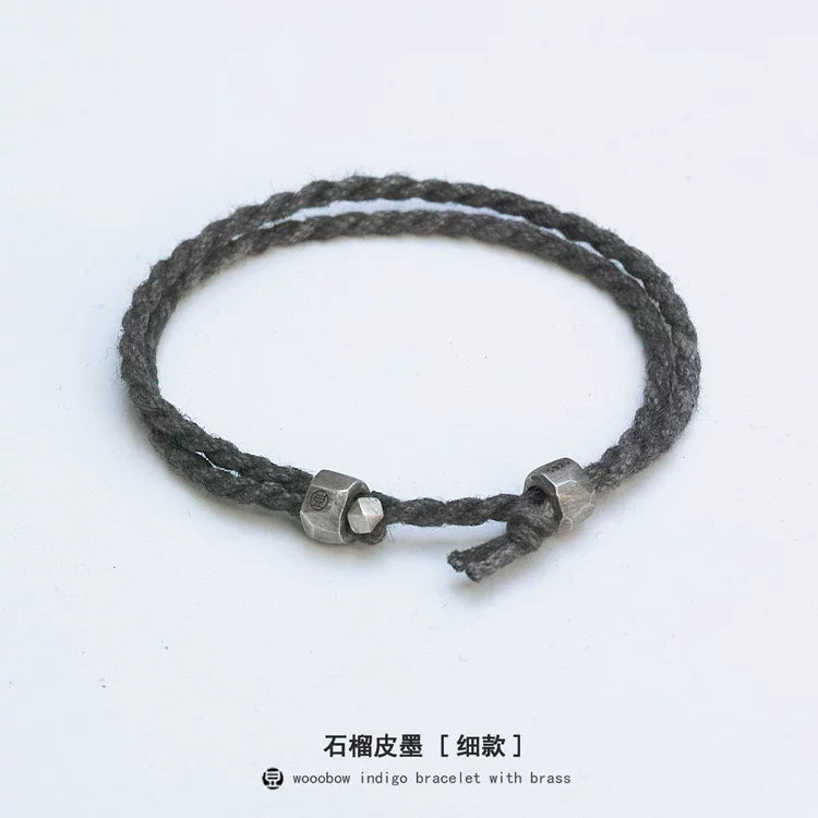 Handmade Original Pure Silver Buckle Double Wrap Indigo Dyed Cotton Linen Adjustable Bracelet Unisex One Size Fits All Natural Plant Indigo Woven Double Layer Wrist Bangle