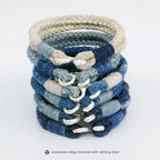 Handmade Indigo Dyed Cotton Linen Woven S Hook Bracelet Vintage Pure Silver Unisex Couple Bangle Fashion Brand Jewelry Perfect Holiday Birthday Gift for Men and Women