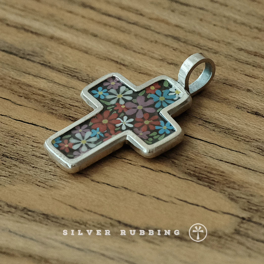 Handmade Original Floral Cross Pendant 999 Pure Silver Necklace Hand Painted Enamel Unique Niche Handcrafted Jewelry For Women