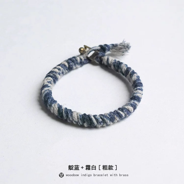 Handmade Braided Diamond Knot Cotton Linen Indigo Dyed Bracelet With Brass T Clasp Unisex Couple Woven Bangle Trendy Fashion Jewelry Gift For Men And Women