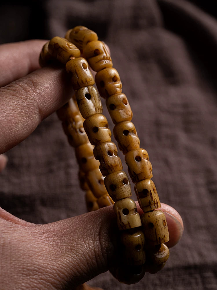 Hand Carved Replica Citipati Master Natural Aged Yak Bone Mala Beads Multi Wrap Bracelet Skull Citipati Master Yak Bone Carved Tibetan Prayer Beads Bracelet