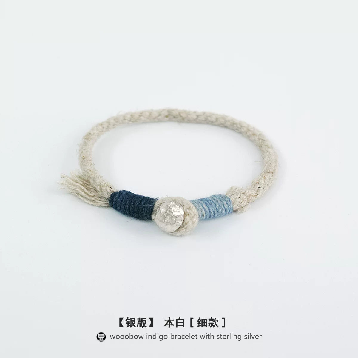 Handmade Indigo Dyed Beaded Buckle Cotton Linen Cord Bracelet with Pure Silver Accent Natural Plant Dye Unisex Couple Bangle Trendy Jewelry Perfect Holiday Birthday Gift for Men and Women