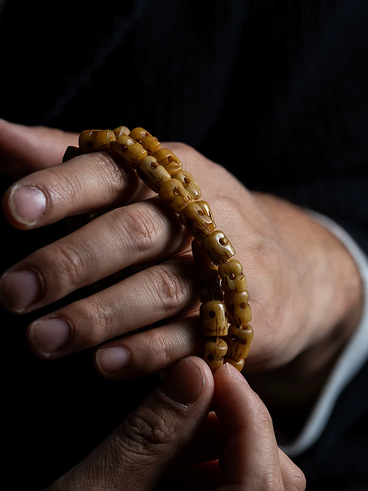 Hand Carved Replica Citipati Master Natural Aged Yak Bone Mala Beads Multi Wrap Bracelet Skull Citipati Master Yak Bone Carved Tibetan Prayer Beads Bracelet