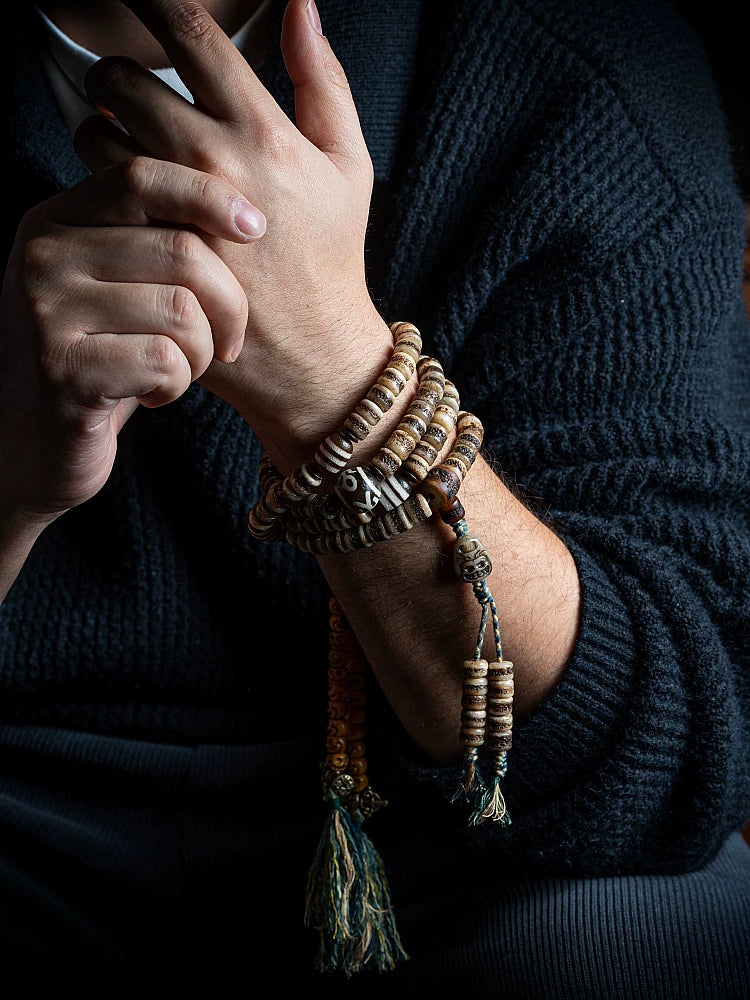 108 Beads Authentic Tibetan Natural Yak Bone Mala Prayer Beads Bracelet For Men Handmade Tibetan Yak Bone Lucky Spirit Beads Vintage Wenge Craft Prayer Beads