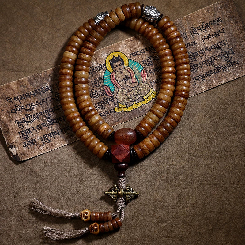 108 Beads Tibetan Mala Prayer Beads Old Stock Natural Tibet Yak Bone Handcrafted Bracelet Necklace Unisex Tibetan Style Yak Bone Spiritual Meditation Jewelry