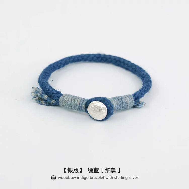 Handmade Indigo Dyed Beaded Buckle Cotton Linen Cord Bracelet with Pure Silver Accent Natural Plant Dye Unisex Couple Bangle Trendy Jewelry Perfect Holiday Birthday Gift for Men and Women