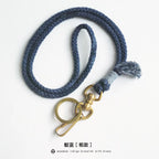 Hand Woven Cotton Linen Indigo Dyed Khaki Neck Lanyard Necklace For Phone ID Badge Key Vintage Casual Trendy Gift For Men Women Crafted Boho Style Neck Strap Hanging Chain