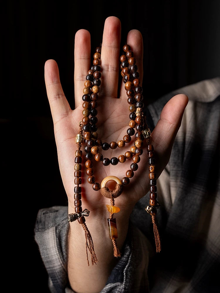 108 Beads Vintage Aged Star-Moon Bodhi Mala Beads Bracelet Designer Moon Star Bodhi Prayer Beads Hand String Unisex Meditation Japa Mala For Men Women
