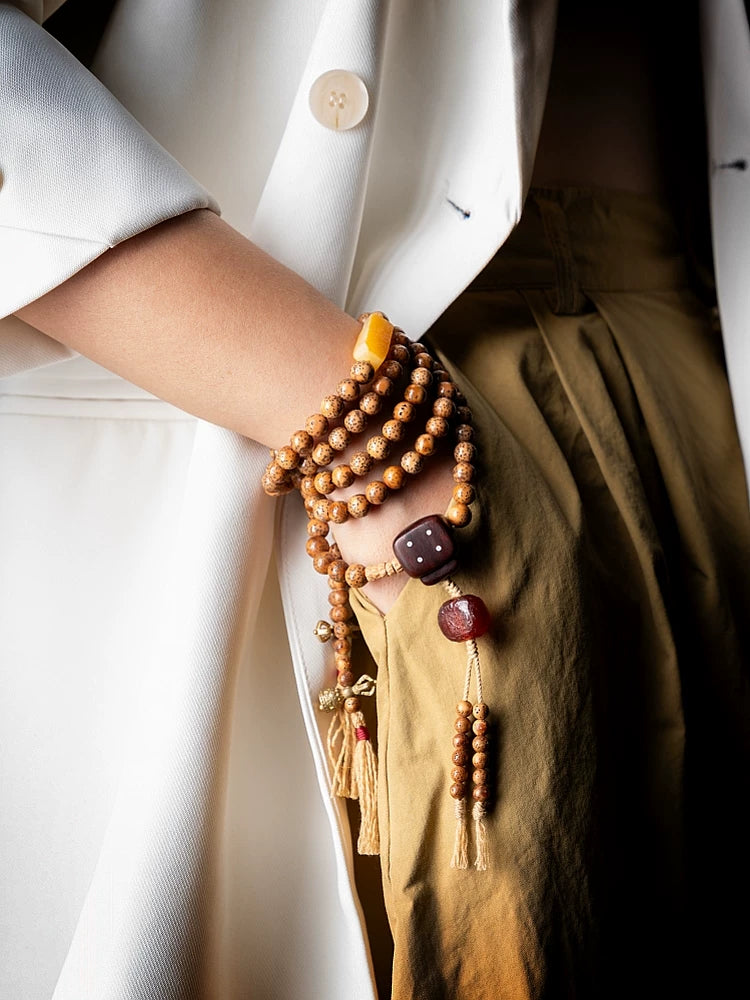 Original Design 108 Beads Aged Star-Moon Bodhi Mala Prayer Beads Bracelet Unisex Tibetan Style Hand String For Meditation Daily Wear And Spiritual Collection