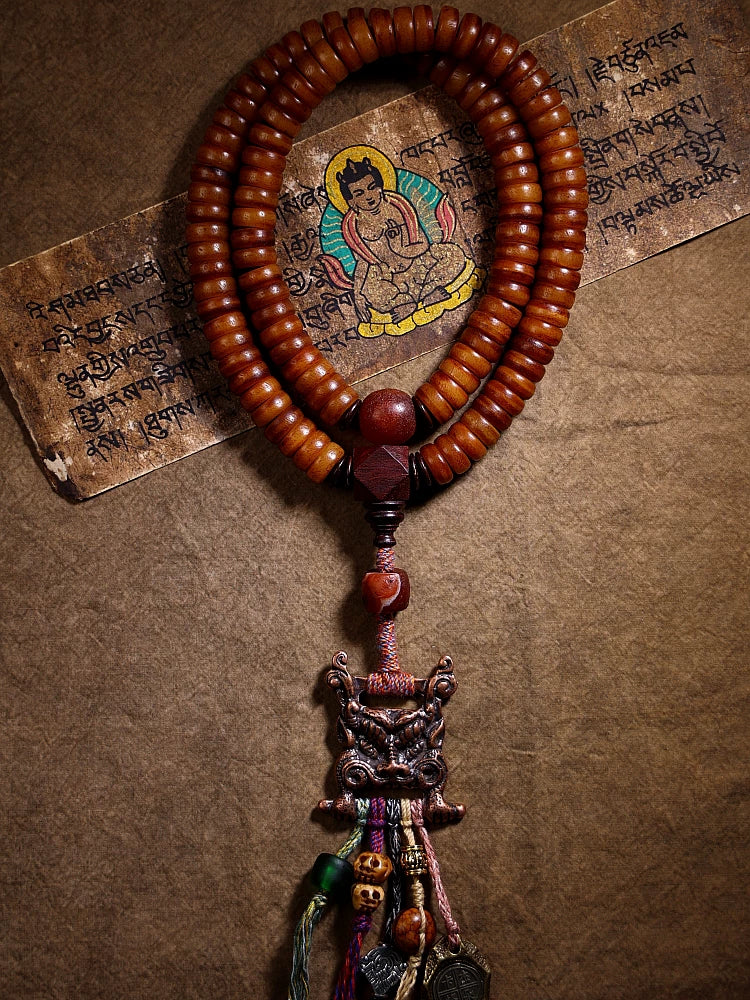 Tibetan Style Natural Old Material Yak Bone 108 Beads Prayer Mala For Men Women Yak Bone Bracelet Necklace With Scripture Buckle Handmade Tibetan Jewelry
