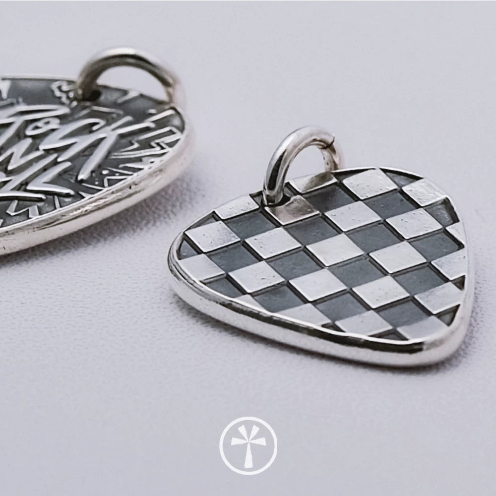 Original Handmade 999 Pure Silver Black White Check Plectrum Charm Pendant Necklace Independent Design Sterling Silver Jewelry For Jewelry Store
