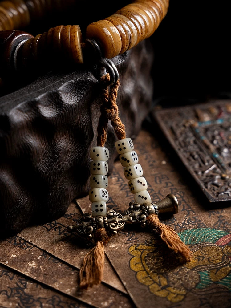Vintage Tibetan Old Material Yak Bone Bead Mala Single Strand Bracelet Authentic Natural Yak Bone Spiritual Ling Gu Hand String for Prayer Meditation Daily Play Collection