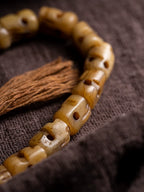 Hand Carved Citipati Lord of the Cemetery Single Strand Mala Bracelet Natural Aged Wild Yak Bone Skull Prayer Bead Bracelet Handcrafted Vintage Tibetan Style Yak Bone Wrist Bracelet