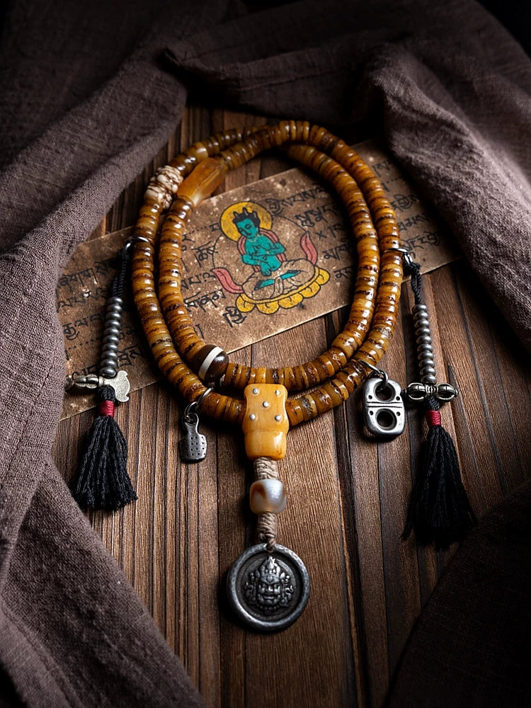 Original Handmade 108 Beads Tibetan Mala Little Gaga Prayer Beads Old Yak Bone Mala Bracelet Tibetan Style Meditation Winding Bracelet for Tibetan Buddhist Nurturing Play