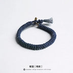 Handmade Braided Diamond Knot Cotton Linen Indigo Dyed Bracelet With Brass T Clasp Unisex Couple Woven Bangle Trendy Fashion Jewelry Gift For Men And Women