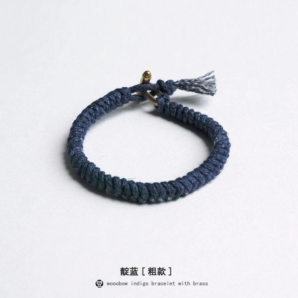 Handmade Braided Diamond Knot Cotton Linen Indigo Dyed Bracelet With Brass T Clasp Unisex Couple Woven Bangle Trendy Fashion Jewelry Gift For Men And Women