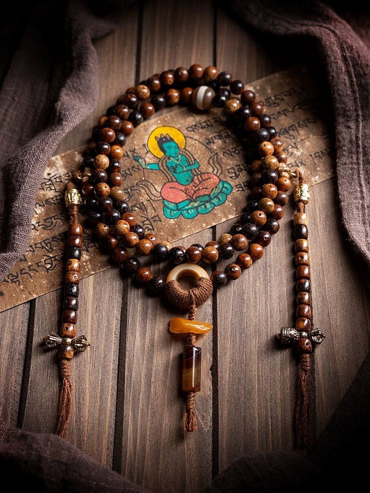 108 Beads Vintage Aged Star-Moon Bodhi Mala Beads Bracelet Designer Moon Star Bodhi Prayer Beads Hand String Unisex Meditation Japa Mala For Men Women