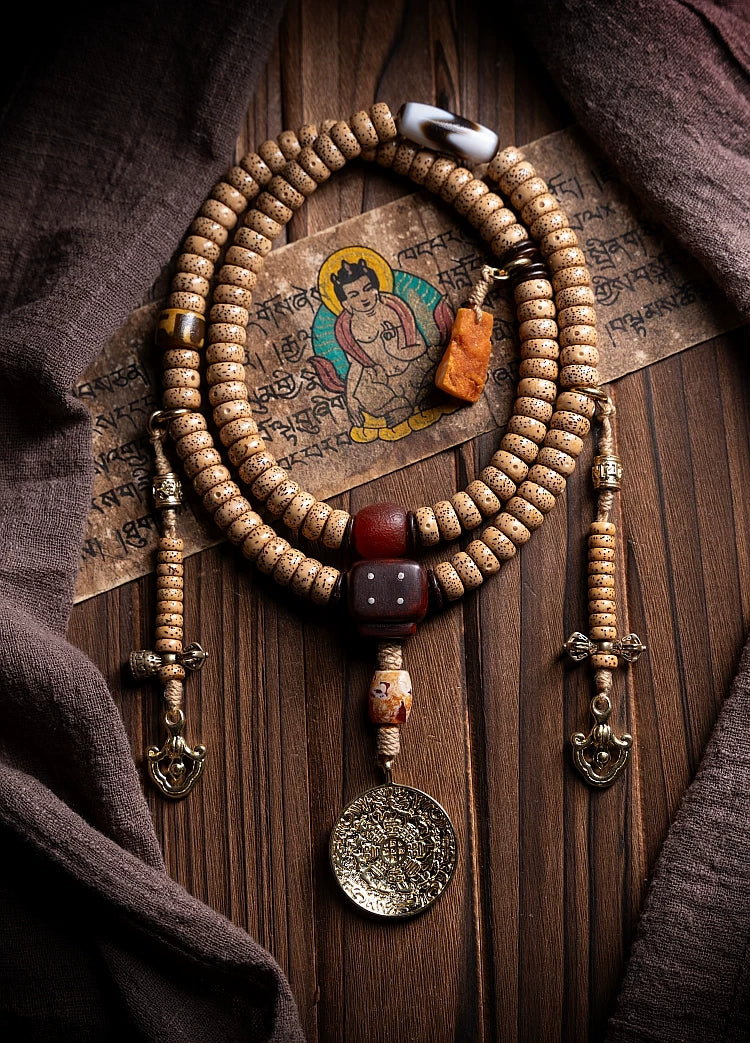 108 Beads Tibetan Style Mala Prayer Beads Natural Aged Star-Moon Bodhi Seed Buddha Beads Bracelet Handheld Accessory For Meditation Practice