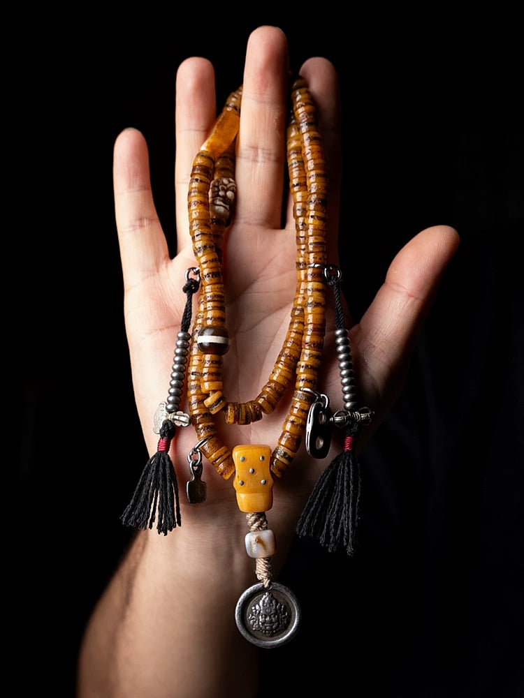 Original Handmade 108 Beads Tibetan Mala Little Gaga Prayer Beads Old Yak Bone Mala Bracelet Tibetan Style Meditation Winding Bracelet for Tibetan Buddhist Nurturing Play