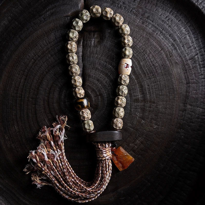 Natural Star-Moon Bodhi Seed Bodhi Prayer Beads Bracelet Waxy Jade Texture Non phase Stone Material Tibetan Style Tassel Handheld Mala Rosary Wrist Bracelet For Meditation Buddhist Prayer Jewelry