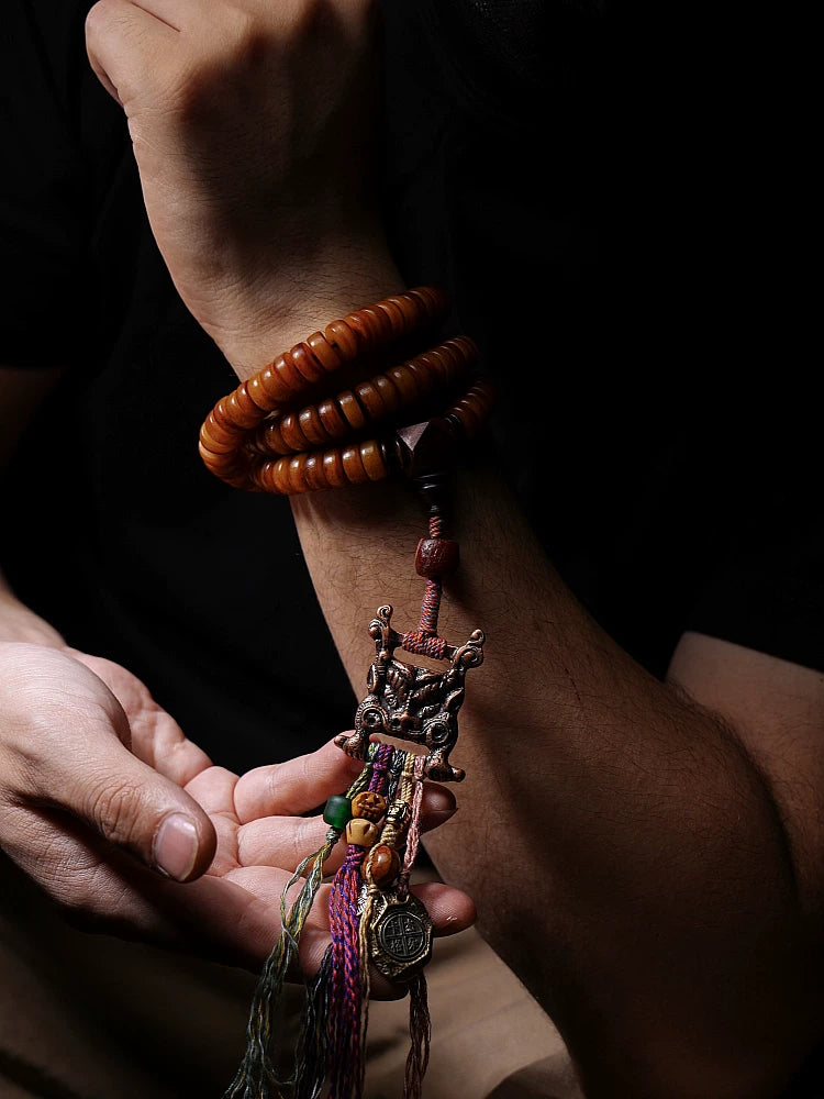 Tibetan Style Natural Old Material Yak Bone 108 Beads Prayer Mala For Men Women Yak Bone Bracelet Necklace With Scripture Buckle Handmade Tibetan Jewelry