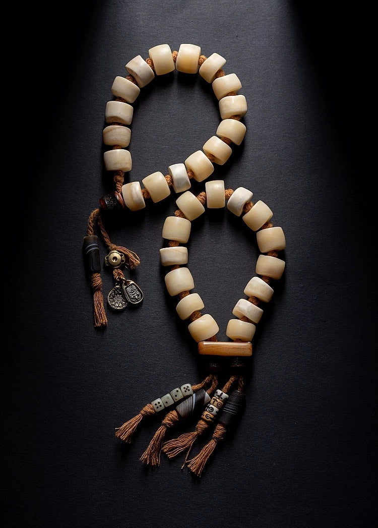 Natural Primitive Tibetan Style Yak Bone Prayer Beads Single Loop Wrist Bracelet for Men Authentic Tibetan Yak Bone Buddhist Meditation Beads Bracelet