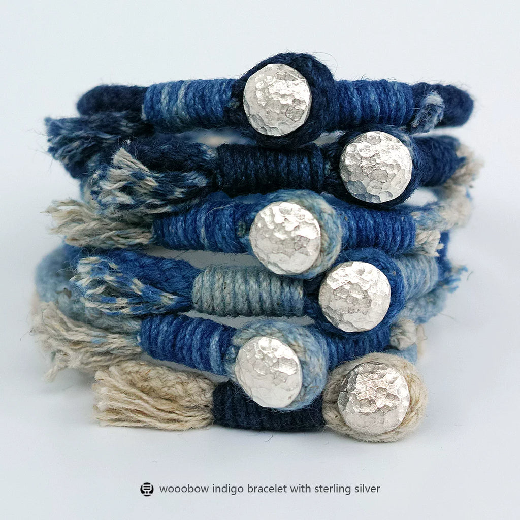Handmade Indigo Dyed Beaded Buckle Cotton Linen Cord Bracelet with Pure Silver Accent Natural Plant Dye Unisex Couple Bangle Trendy Jewelry Perfect Holiday Birthday Gift for Men and Women