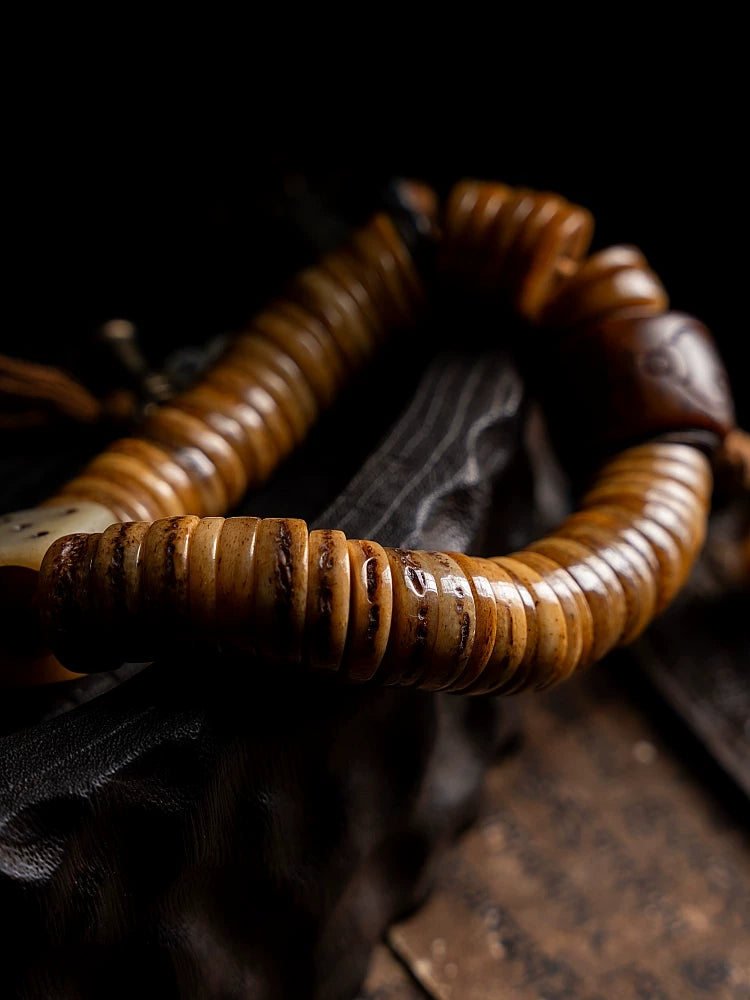 Vintage Tibetan Old Material Yak Bone Bead Mala Single Strand Bracelet Authentic Natural Yak Bone Spiritual Ling Gu Hand String for Prayer Meditation Daily Play Collection