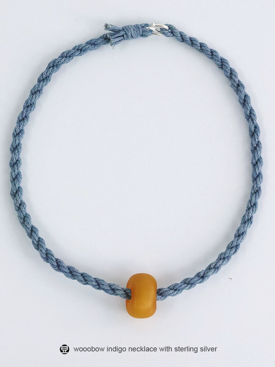 Hand Woven Indigo Dyed Hemp Cotton Necklace Cord Bracelet with Pure Silver Beads Unisex Couple Matching Jewelry Trendy Brand Gift for Men Women