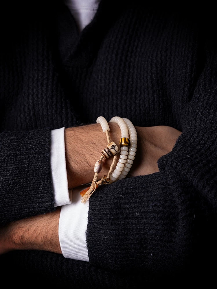 108 Beads Natural White Bodhi Root Mala Bracelet Handmade Tibetan Braided String Bodhi Root Rosary Wrist Bracelet Meditation Prayer Yoga Jewelry For Men Women