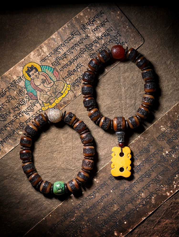 Original Design Tibetan Gahwa Old Yak Bone Prayer Beads Bracelet Handmade Tibetan Buddhist Spiritual Blessing Vintage Sacred Old Material Mala Wrist Bracelet