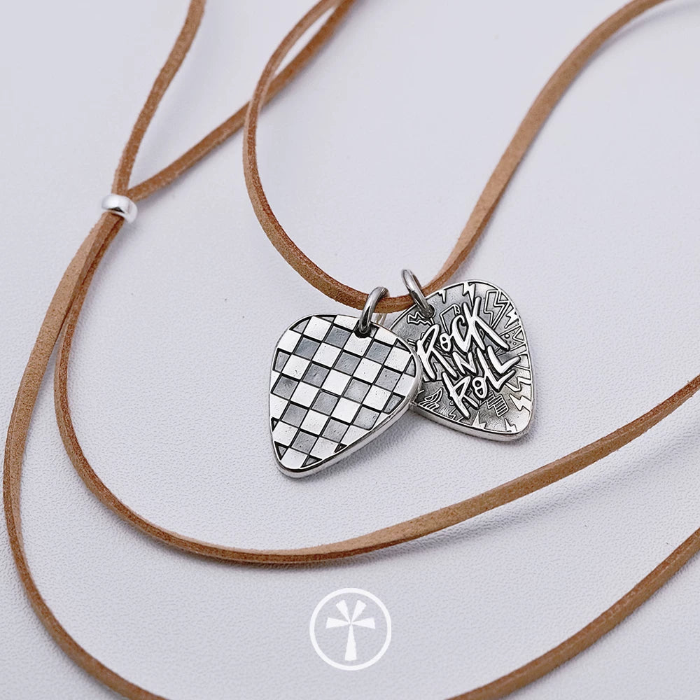 Original Handmade 999 Pure Silver Black White Check Plectrum Charm Pendant Necklace Independent Design Sterling Silver Jewelry For Jewelry Store