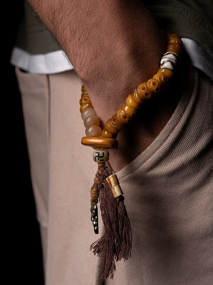 Tibetan Diagonal Cut Fringe Design Yak Bone Prayer Beads Bracelet Sitapati Skeleton Yak Bone Beaded Mala Hand String for Meditation Tibetan Buddhism Jewelry
