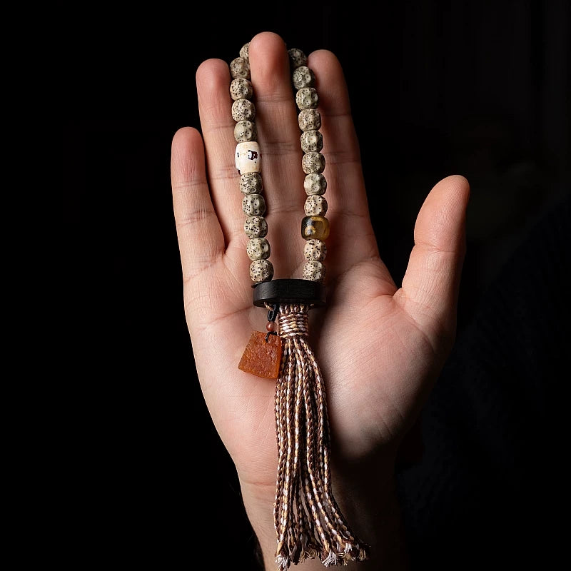 Natural Star-Moon Bodhi Seed Bodhi Prayer Beads Bracelet Waxy Jade Texture Non phase Stone Material Tibetan Style Tassel Handheld Mala Rosary Wrist Bracelet For Meditation Buddhist Prayer Jewelry