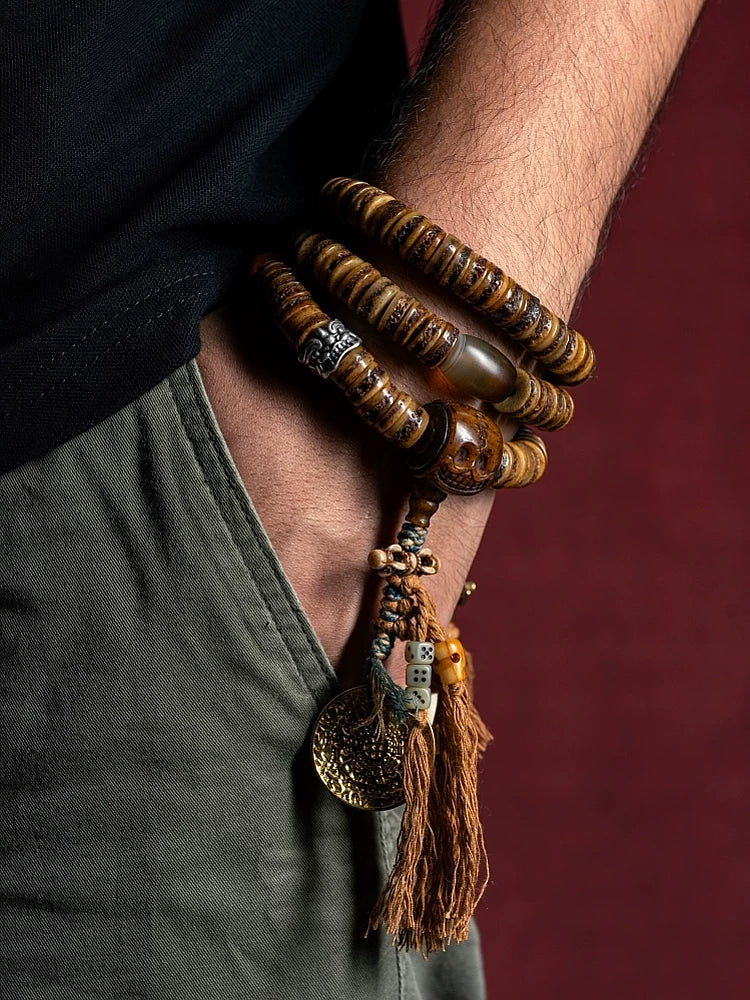 Original Handmade Tibetan Style 108 Beads Old Yak Bone Mala Prayer Beads Wrist Bracelet Replicated Vintage Spirit Bone Gagga For Meditation Japa Mala