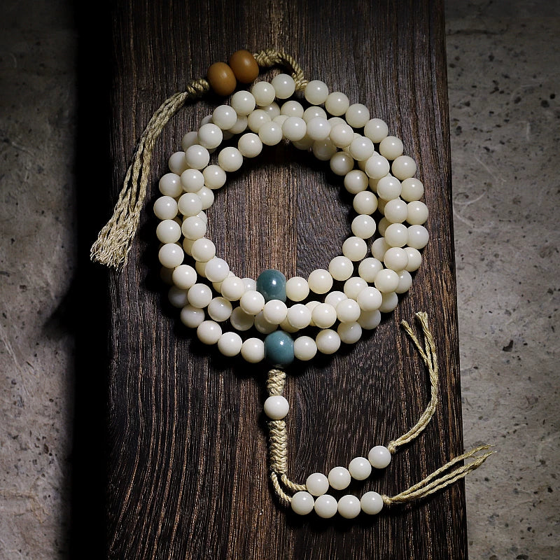 Original Design 108 Beads Natural White Bodhi Root Prayer Beads Bracelet White Jade Texture Hand String for Men Meditation Practice and Women Daily Wear Buddhist Rosary Wristband