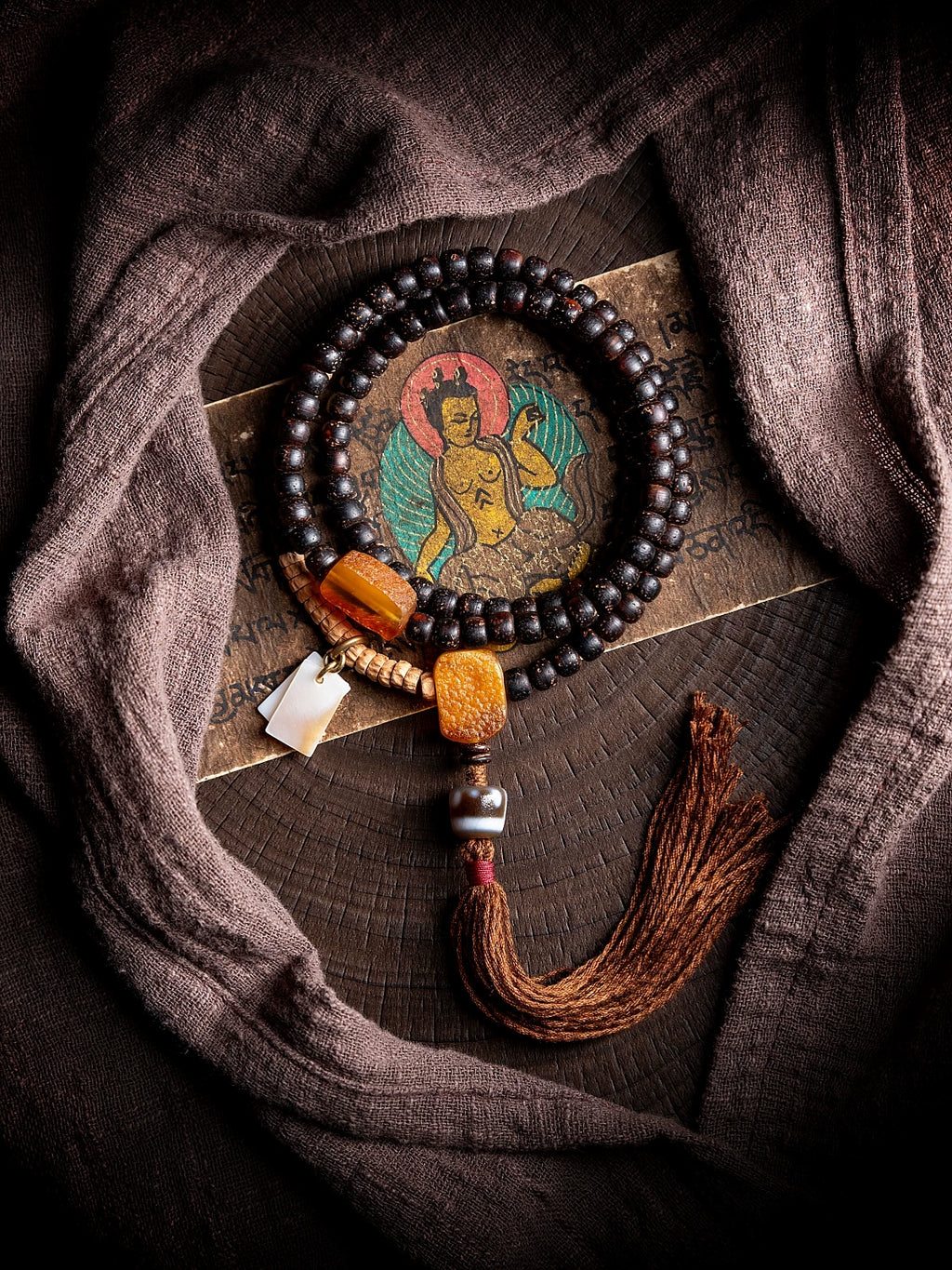 Tibetan Original Design 108 Beads Mala Bracelet Aged Star-Moon Bodhi Seed Old Material Prayer Beads Necklace Unisex Accessory For Meditation Prayer Daily Wear