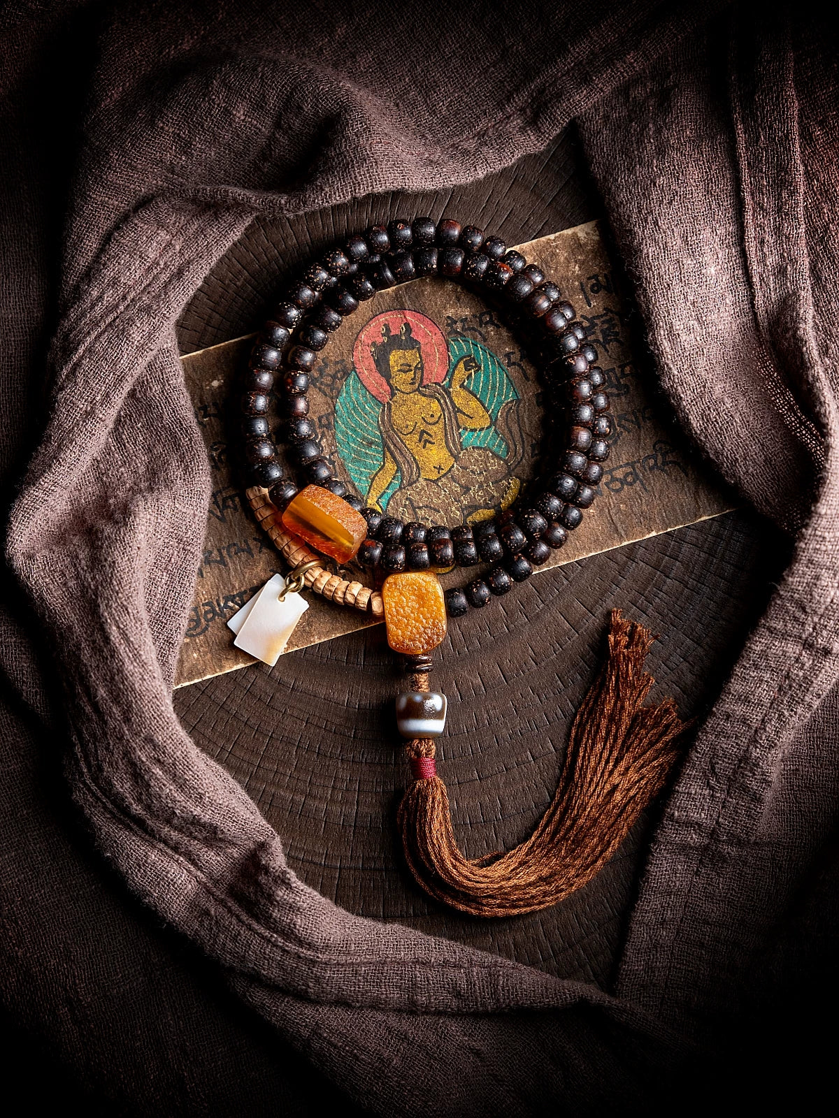 Tibetan Original Design 108 Beads Mala Bracelet Aged Star-Moon Bodhi Seed Old Material Prayer Beads Necklace Unisex Accessory For Meditation Prayer Daily Wear