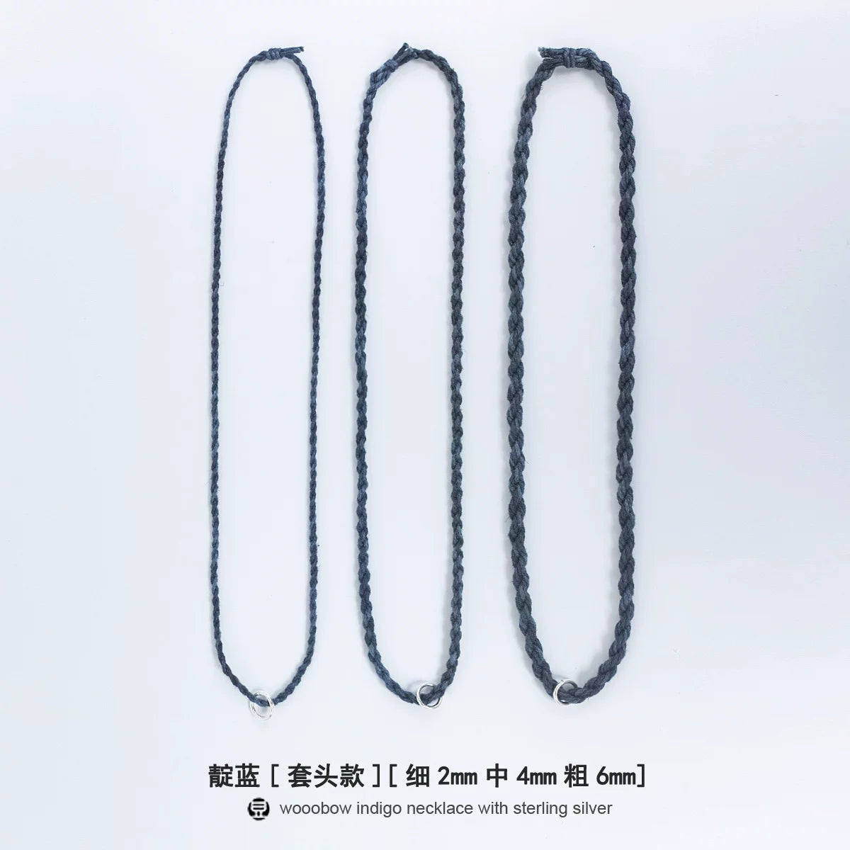 Hand Woven Indigo Dyed Hemp Cotton Necklace Cord Bracelet with Pure Silver Beads Unisex Couple Matching Jewelry Trendy Brand Gift for Men Women