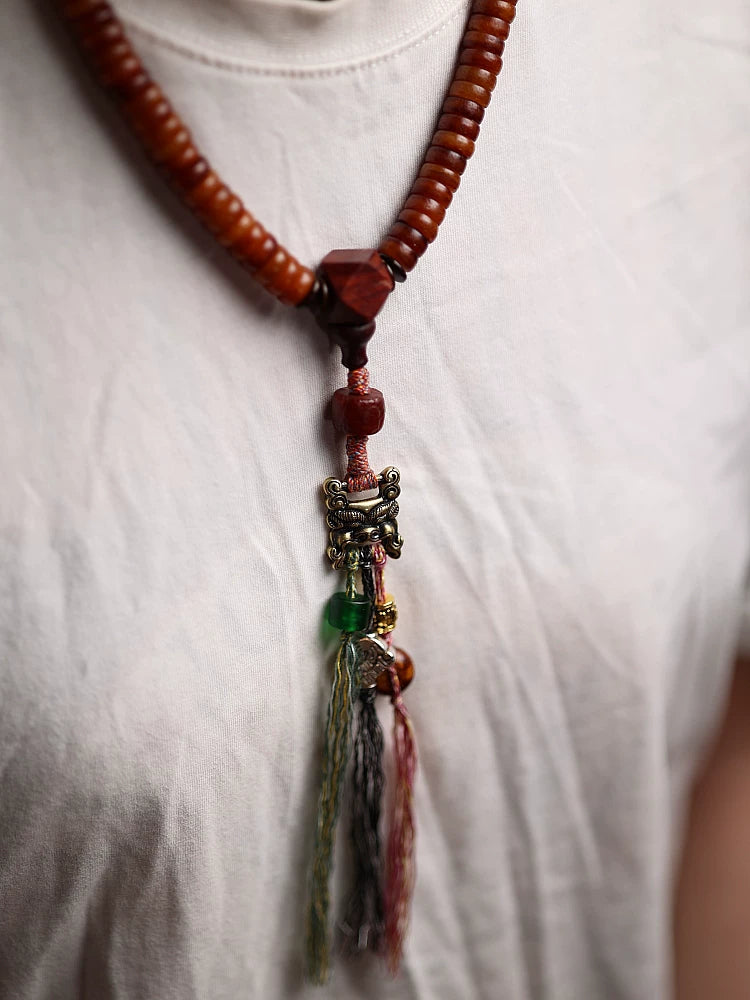 Tibetan Style Natural Old Material Yak Bone 108 Beads Prayer Mala For Men Women Yak Bone Bracelet Necklace With Scripture Buckle Handmade Tibetan Jewelry