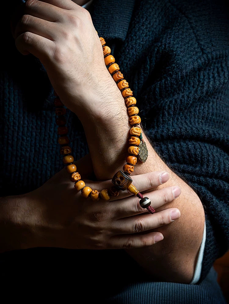 Tibet naturlig yakknogle mala-perlearmbånd vintage håndskåret kranium Mahakala flerlags armbånd håndlavede tibetanske etniske meditationsbedeperler smykker til mænd og kvinder