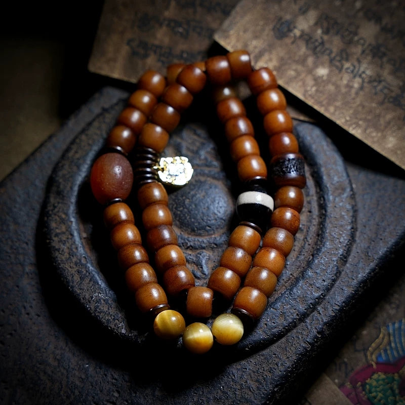 Tibet Naturlige Gamle Yak Knogle Perler Bøn Mala Armbånd Håndlavet Tibetansk Stil Dobbeltlags Yak Knogle Armbånd til Mænd og Kvinder Par Spirituel Meditation Smykker