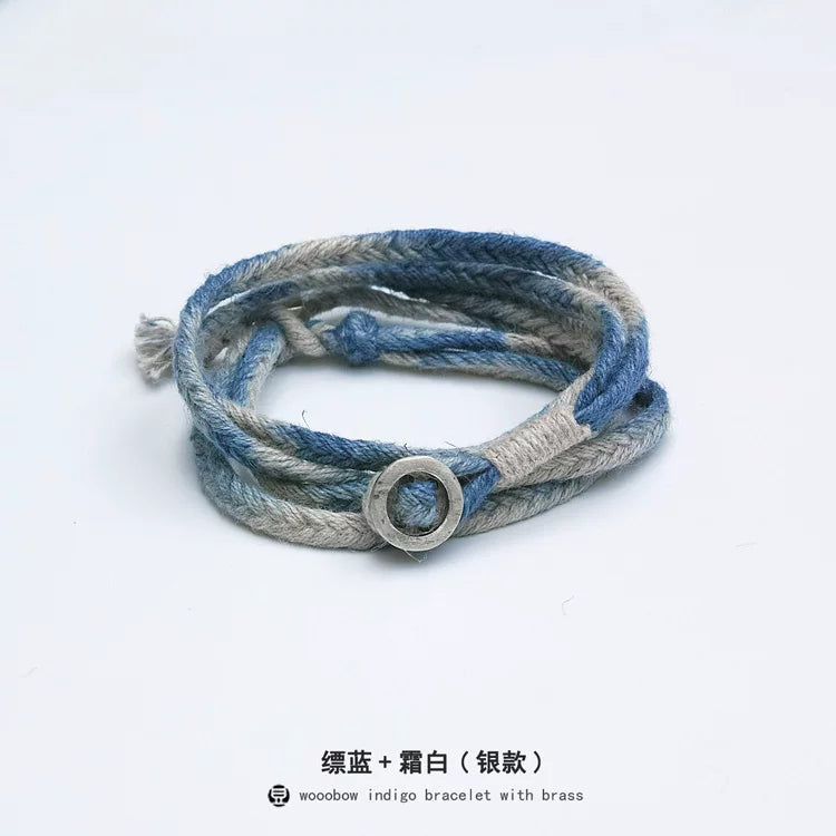 Handmade Original Five Strand Braided Bracelet Pure Silver Indigo Dyed Cotton Linen Couple Wristband Unisex Hand Braided Rope Bracelet Handcrafted Blue Dyed Fashion Adjustable Jewelry for Men and Women