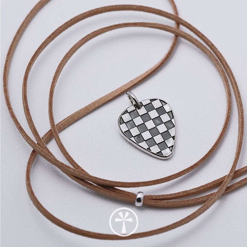 Original Handmade 999 Pure Silver Black White Check Plectrum Charm Pendant Necklace Independent Design Sterling Silver Jewelry For Jewelry Store