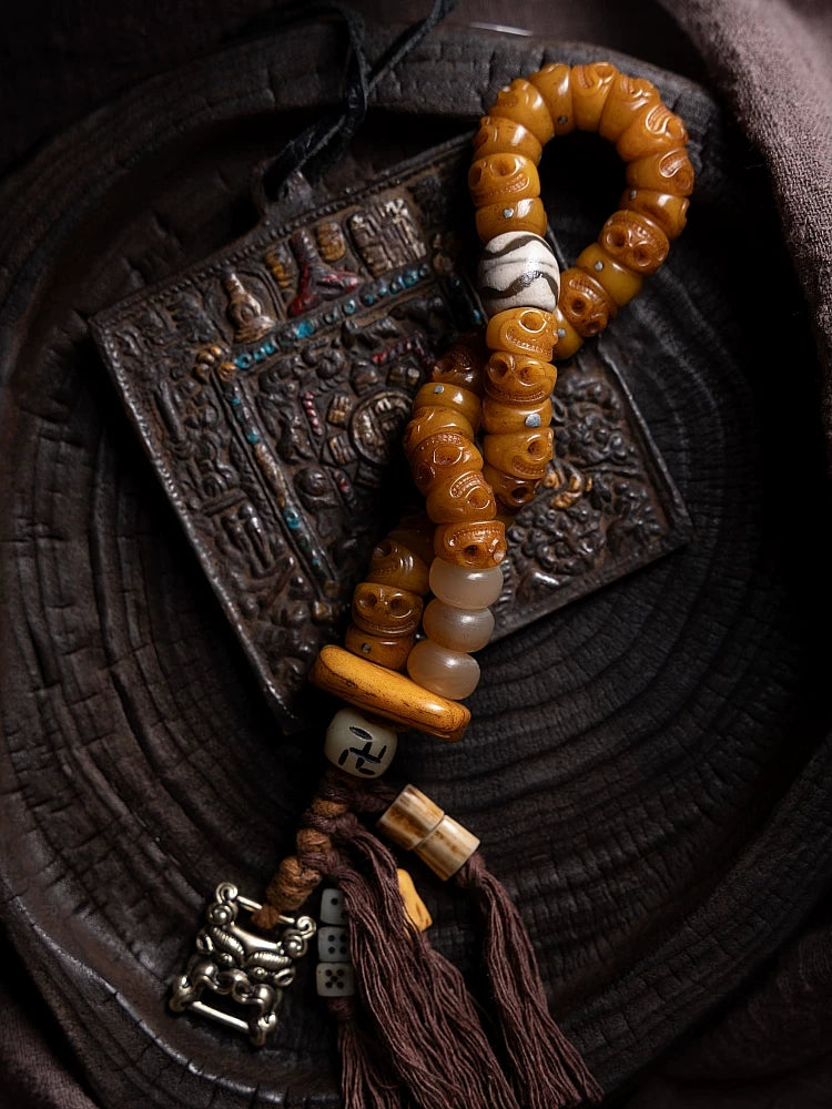 Tibetan Diagonal Cut Fringe Design Yak Bone Prayer Beads Bracelet Sitapati Skeleton Yak Bone Beaded Mala Hand String for Meditation Tibetan Buddhism Jewelry