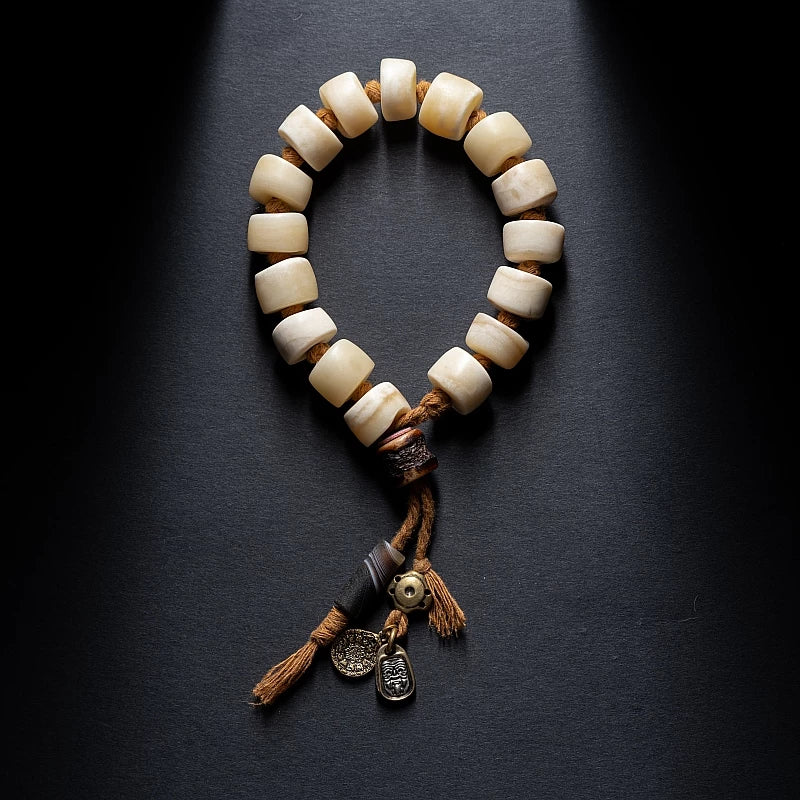 Natural Primitive Tibetan Style Yak Bone Prayer Beads Single Loop Wrist Bracelet for Men Authentic Tibetan Yak Bone Buddhist Meditation Beads Bracelet
