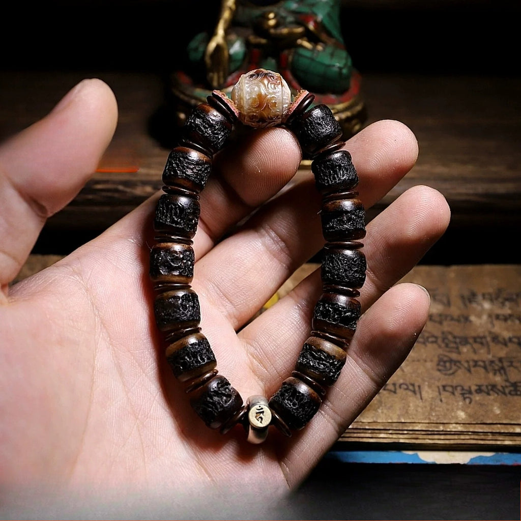 Authentic Inheritance Tibetan Natural Old Yak Bone Prayer Beads Bracelet Vintage Dharma Gaga Beaded Wrist Bracelet Unisex Handcrafted Tibetan Buddhism Meditation Wenwang Jewelry