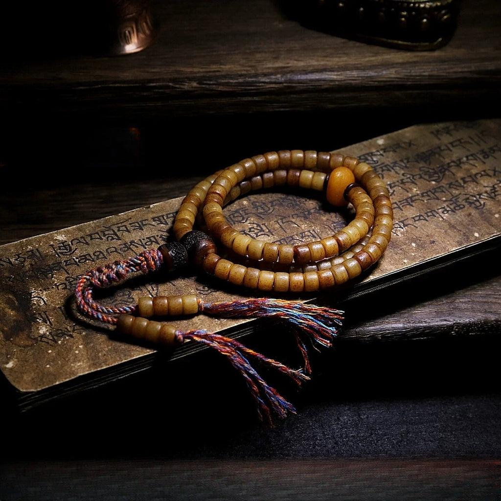 108 Perler Lille Størrelse Gammelt Materiale Autentisk Tibetansk Naturlig Yakben Mala Bedearmbånd Håndlavet Tibetansk Stil Yakben Buddhistisk Rosenkrans Armbånd